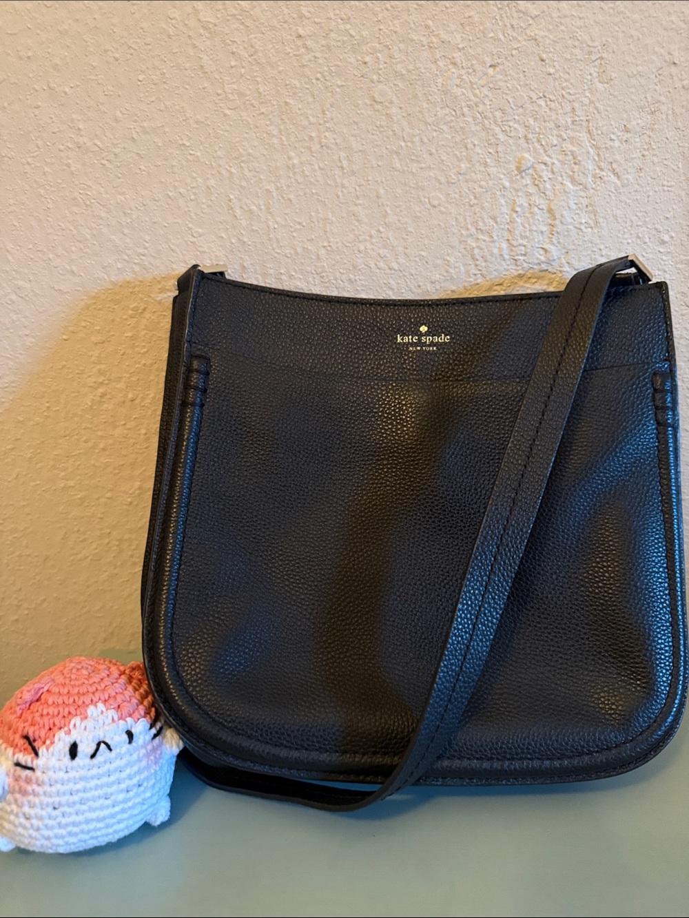 Kate Spade Black Pebbled Leather Shoulder Bag with Gold Logo